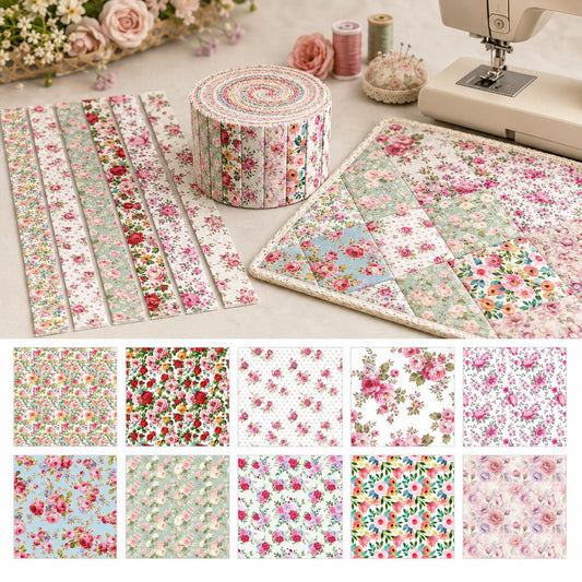 10Pc/Set, Making 10 Images 1pc Each, Each Size: 6.3*50cm Spring Floral Series Sliced Fabric Set Style Combination, Polyester Jelly Roll Fabric Strips, Pre-Cut Quilting Squares, For Quilting DIY, Handicrafts And Sewing, Blankets, Rugs, Interior Decoration