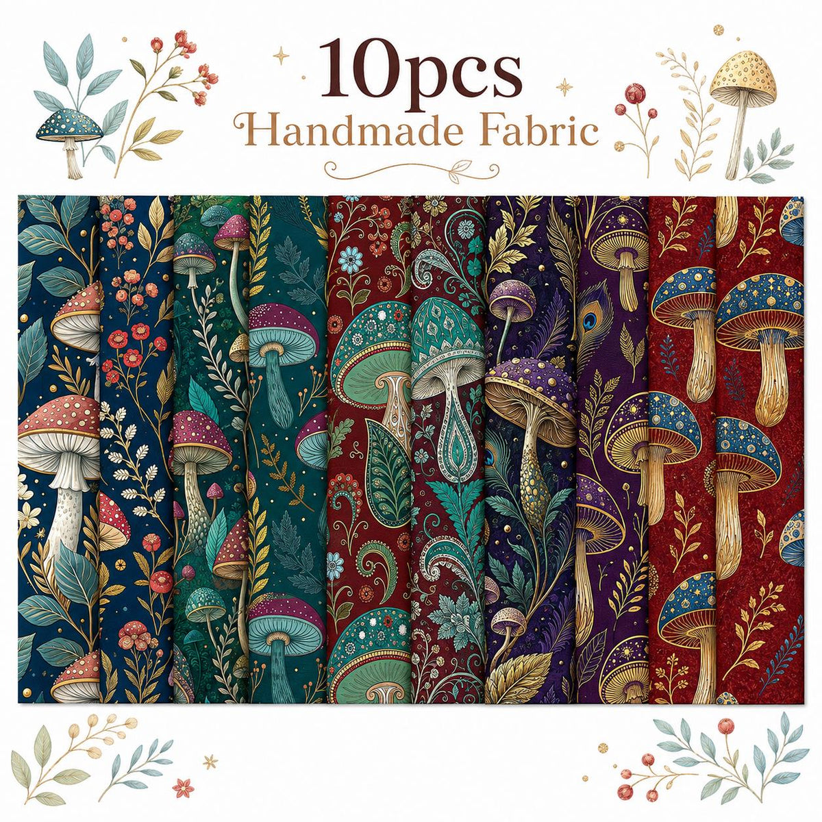 10pcs Vintage Mushroom Floral Pattern Jelly Roll Fabric Strips 2.5X19.7inch Pre-Cut 100% Polyester For Patchwork Quilts, Table Runners, Placemats, Tote Bags, Storage Pouches, Makeup Bags, Coasters, Quilt Blocks & Binding