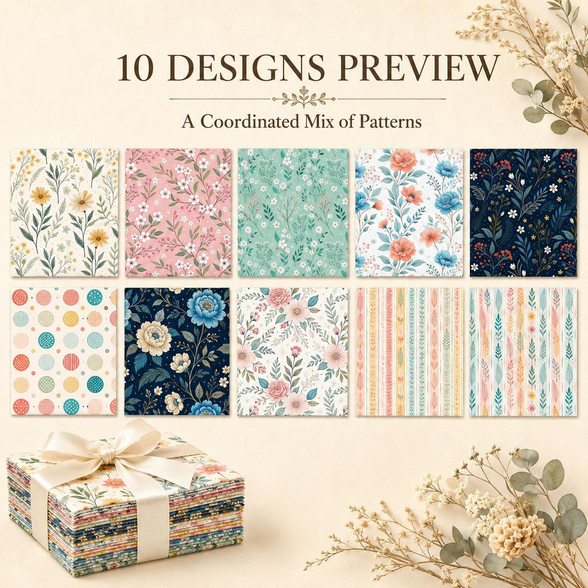 10pcs Charm Pack Set Floral Pattern Vintage Style Handmade DIY with Rich Color and Texture Elements 100% Polyester Patchwork in 10 Design Styles Suitable for Patchwork DIY Craft Projects DIY Wallet Making Gift Giving Bag Making Mother's Day Gift