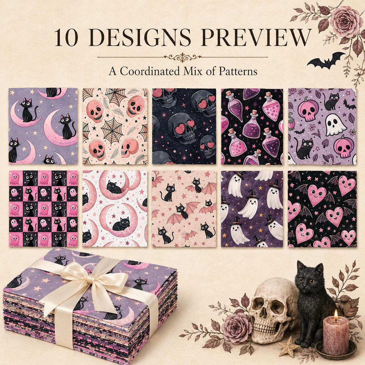 10pcs Charm Pack Set  Bat Ghost Skull Halloween Vintage Style Pattern Handmade DIY with Rich Color and Texture Elements 100% Polyester Patchwork in 10 Design Styles Suitable for Patchwork DIY Craft Projects DIY Wallet Making Gift Giving Bag Making
