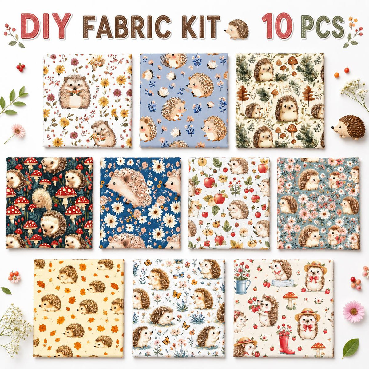 10Pc/Set Flower Hedgehog Series Strawberry Ladybug MushroomFat Quarter Fabric, Pre-Cut Square Fabric Assort, Fabric Set, Craft Fabric, Handmade DIY Patchwork Fabric,Home Quilting Sewing Fabric, Packaging Fabric, Scrapbooking Craft Hobbyist