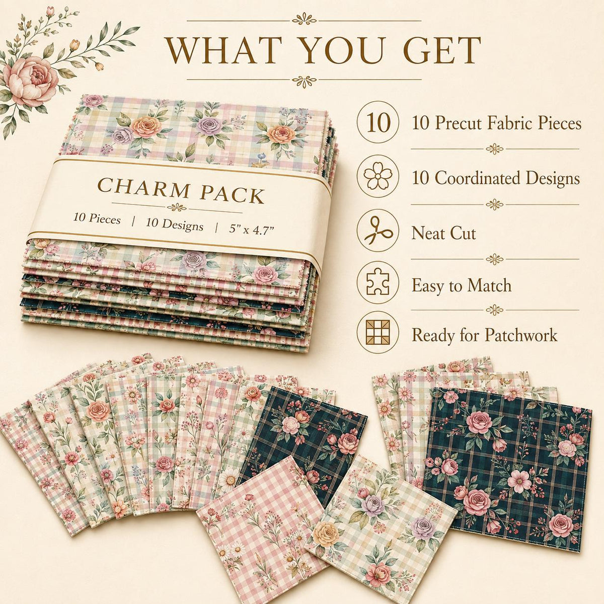 10Pc/Set Flower Plaid Series Daisy Mushroom Fat Quarter Fabric, Pre-Cut Square Fabric Assort, Fabric Set, Craft Fabric, Handmade DIY Patchwork Fabric,Home Quilting Sewing Fabric, Packaging Fabric, Scrapbooking Craft Hobbyist