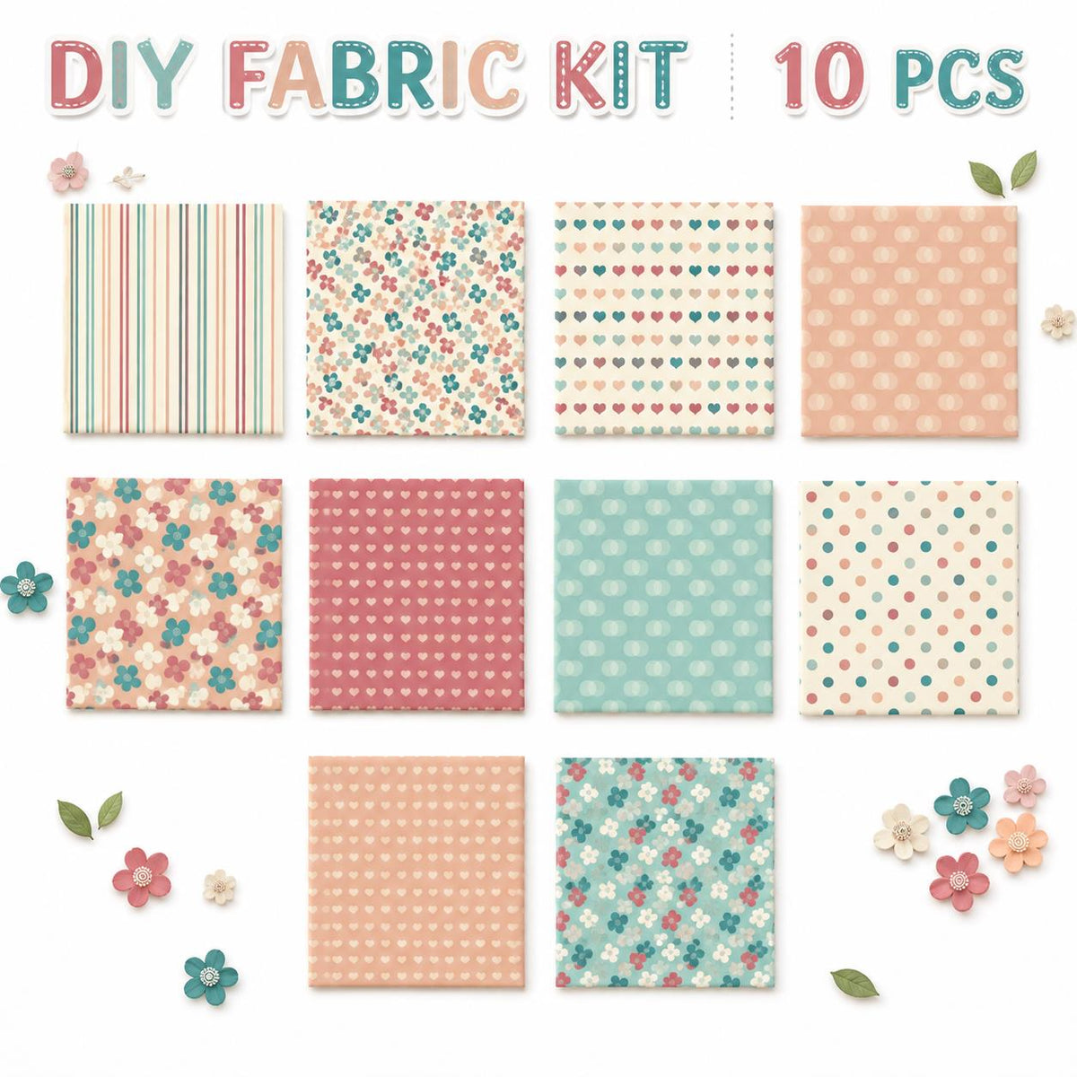 10Pc/Set Star Flower Heart Dot Series Fat Quarter Fabric, Pre-Cut Square Fabric Assort, Fabric Set, Craft Fabric, Handmade DIY Patchwork Fabric,Home Quilting Sewing Fabric, Packaging Fabric, Scrapbooking Craft Hobbyist