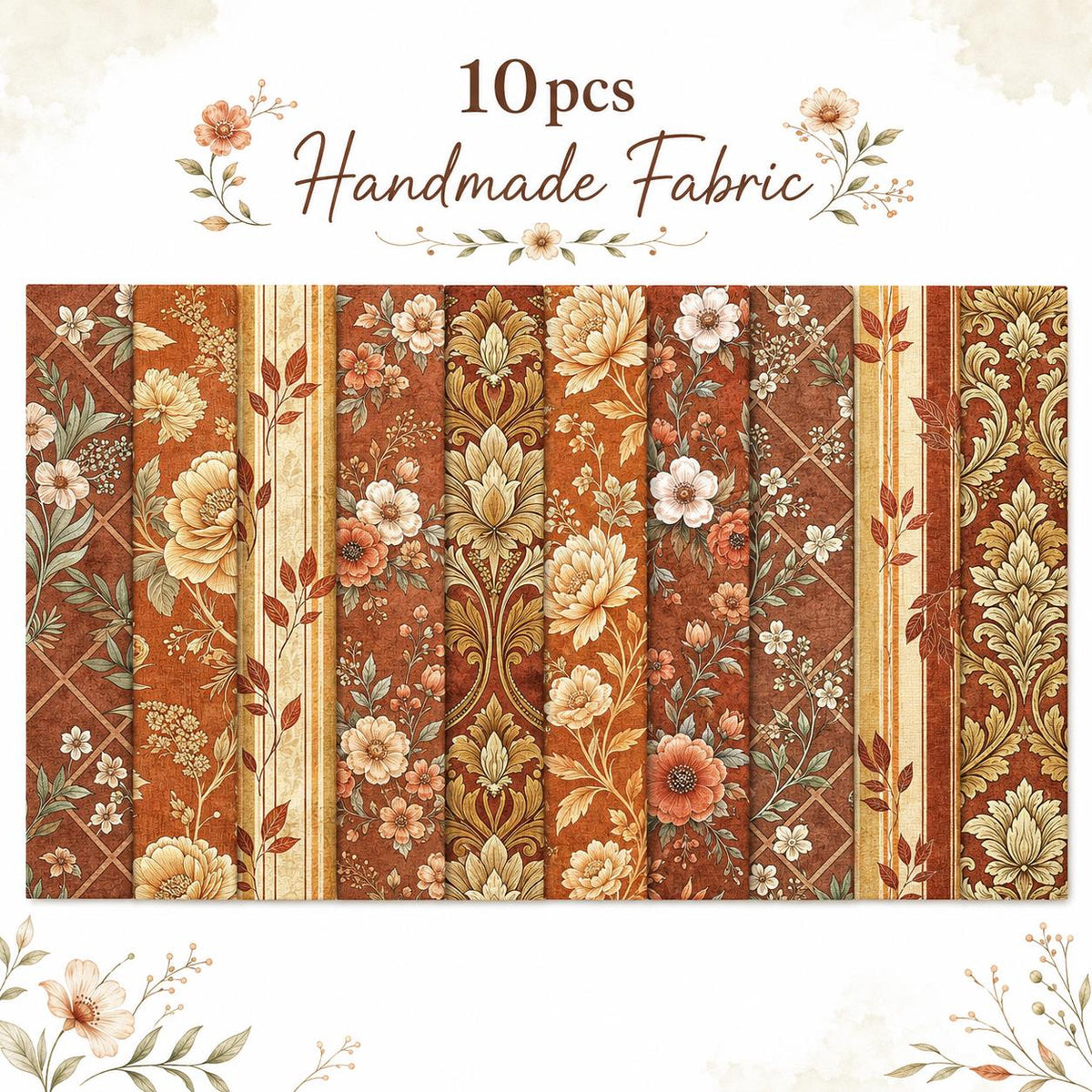 10pcs Vintage Autumn Floral Pattern Jelly Roll Fabric Strips 2.5X19.7inch Pre-Cut 100% Polyester For Patchwork Quilts, Table Runners, Placemats, Tote Bags, Storage Pouches, Makeup Bags, Coasters, Quilt Blocks & Binding