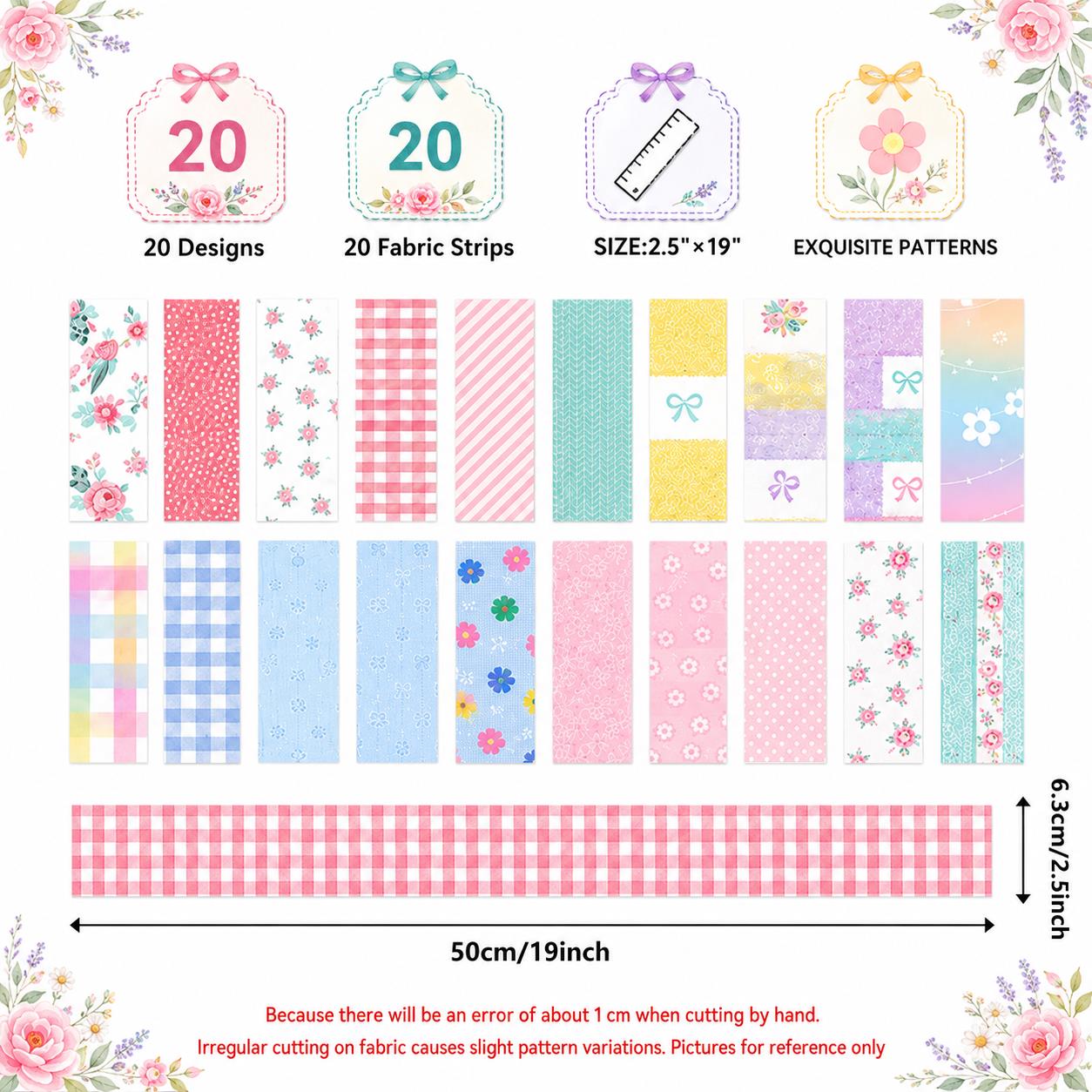 20pcs Vintage Floral Plaid Jelly Roll Sliced Fabric Strips 2.5X19.7inch Pre-cut Fresh and Delicate Printed Multi-Color 100% Polyester for DIY Handmade Patchwork, Table Runners, Placemats, Tote Bags, Storage Pouches, Makeup Bags, Coasters, Quilt Blocks