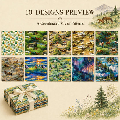 10Pc/Set Horse Series Mountain Tree Fat Quarter Fabric, Pre-Cut Square Fabric Assort, Fabric Set, Craft Fabric, Handmade DIY Patchwork Fabric,Home Quilting Sewing Fabric, Packaging Fabric, Scrapbooking Craft Hobbyist