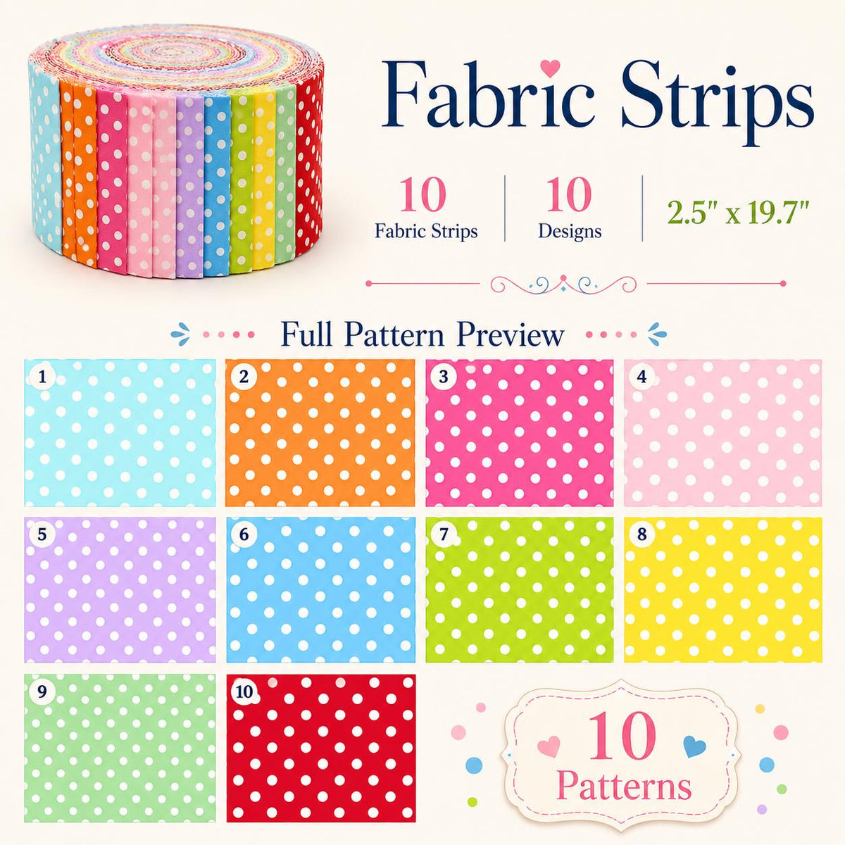 10pcs Vintage Dot Pattern Purple Jelly Roll Fabric Strips 2.5X19.7inch Pre-cut 100% Polyester for Patchwork Quilts, Table Runners, Placemats, Tote Bags, Storage Pouches, Makeup Bags, Coasters, Quilt Blocks & Binding Multi-color