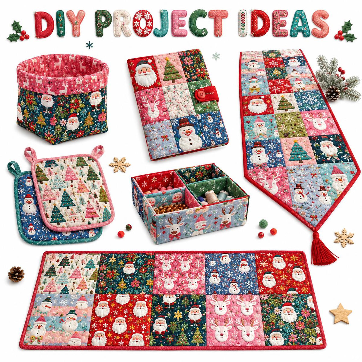 2D Flat 10Pc/Set Christmas Series Santa Claus Deer Holly Fat Quarter Fabric, Pre-Cut Square Fabric Assort, Fabric Set, Craft Fabric, Handmade DIY Patchwork Fabric,Home Quilting Sewing Fabric, Packaging Fabric, Scrapbooking Craft Hobbyist