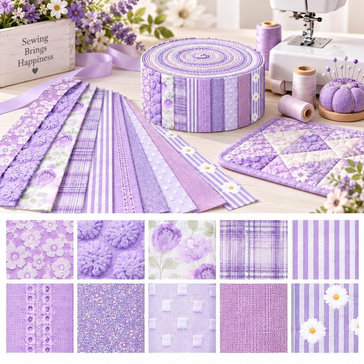 10pcs Vintage Floral Plaid Purple Pattern Jelly Roll Fabric Strips 2.5X19.7inch Pre-cut 100% Polyester for Patchwork Quilts, Table Runners, Placemats, Tote Bags, Storage Pouches, Makeup Bags, Coasters, Quilt Blocks & Binding Multi-color
