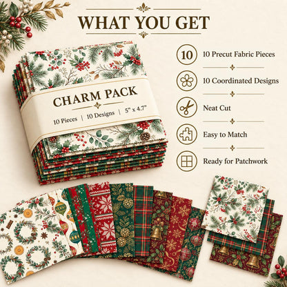 10Pc/Set Christmas Series Stripe Bowknot Wreath Flower Star Plaid Holly Pinecones Fat Quarter Fabric, Pre-Cut Square Fabric Assort, Fabric Set, Craft Fabric, Handmade DIY Patchwork Fabric,Home Quilting Sewing Fabric, Packaging Fabric, Scrapbooking Craft H