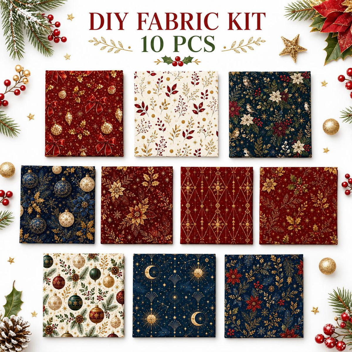 10pcs Charm Pack Set Christmas Pattern Vintage Style Handmade DIY with Rich Color and Texture Elements 100% Polyester Patchwork in 10 Design Styles Suitable for Patchwork DIY Craft Projects DIY Wallet Making Gift Giving Bag Making Mother's Day Gift