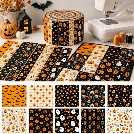 10pcs Vintage Ghost Pumpkin Halloween Theme Jelly Roll Fabric Strips 2.5X19.7inch Pre-Cut 100% Polyester For Patchwork Quilts, Table Runners, Placemats, Tote Bags, Storage Pouches, Makeup Bags, Coasters, Quilt Blocks & Binding