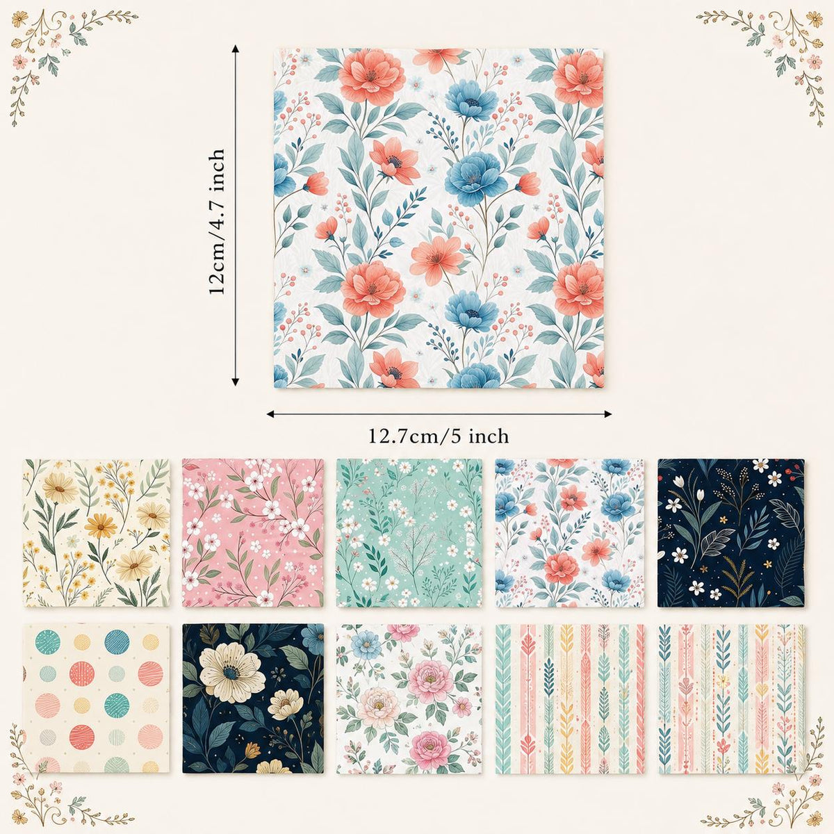10pcs Charm Pack Set Floral Pattern Vintage Style Handmade DIY with Rich Color and Texture Elements 100% Polyester Patchwork in 10 Design Styles Suitable for Patchwork DIY Craft Projects DIY Wallet Making Gift Giving Bag Making Mother's Day Gift
