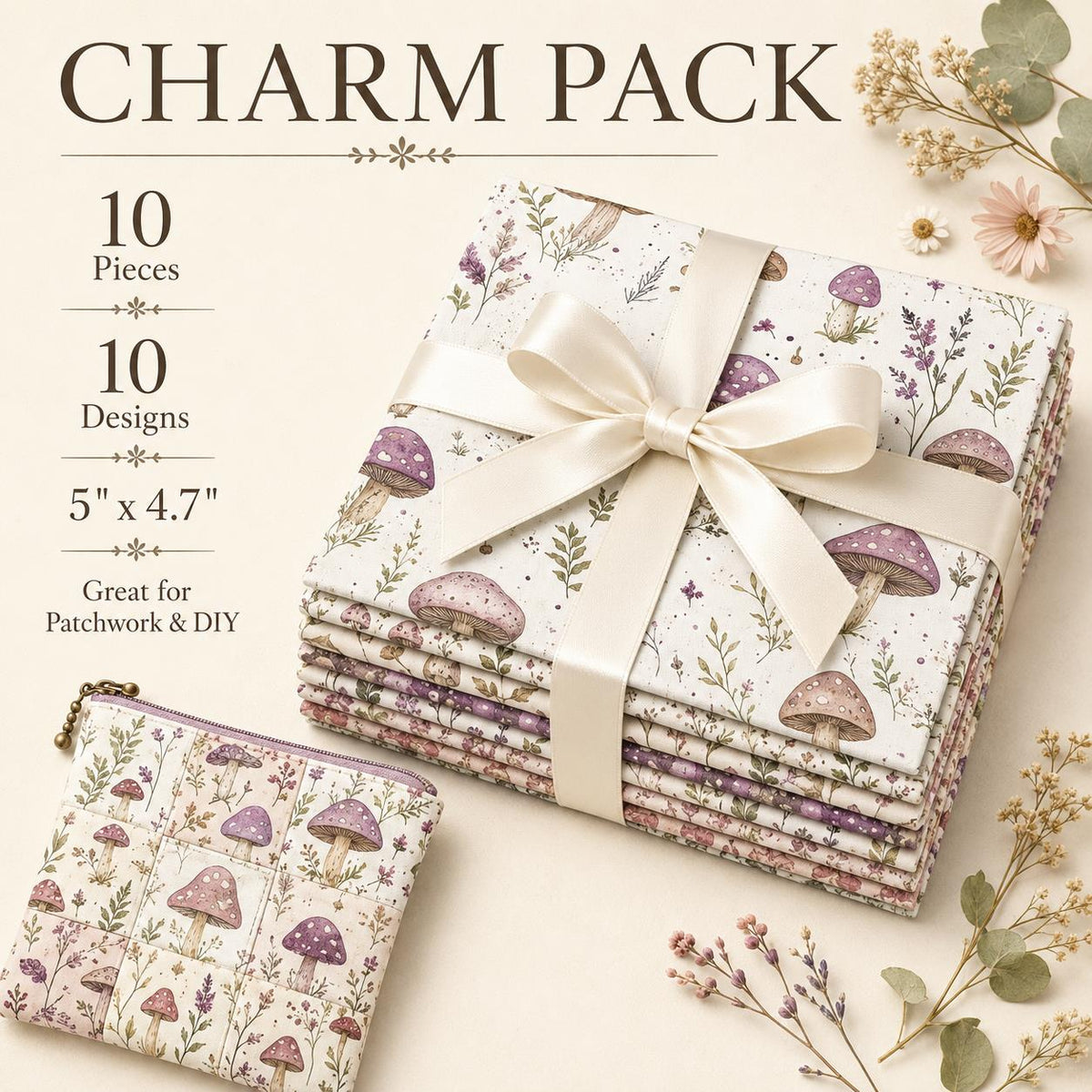10pcs Charm Pack Set Mushroom Floral Deer Pattern Vintage Style Handmade DIY with Rich Color and Texture Elements 100% Polyester Patchwork in 10 Design Styles Suitable for Patchwork DIY Craft Projects DIY Wallet Making Gift Giving Bag Making Mother's Day
