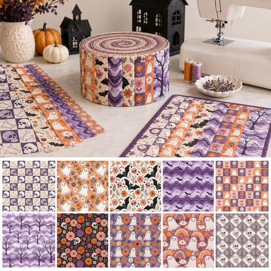 10pcs Vintage Halloween Skull Bat Pattern Jelly Roll Fabric Strips 2.5X19.7inch Pre-Cut 100% Polyester For Patchwork Quilts, Table Runners, Placemats, Tote Bags, Storage Pouches, Makeup Bags, Coasters, Quilt Blocks & Binding