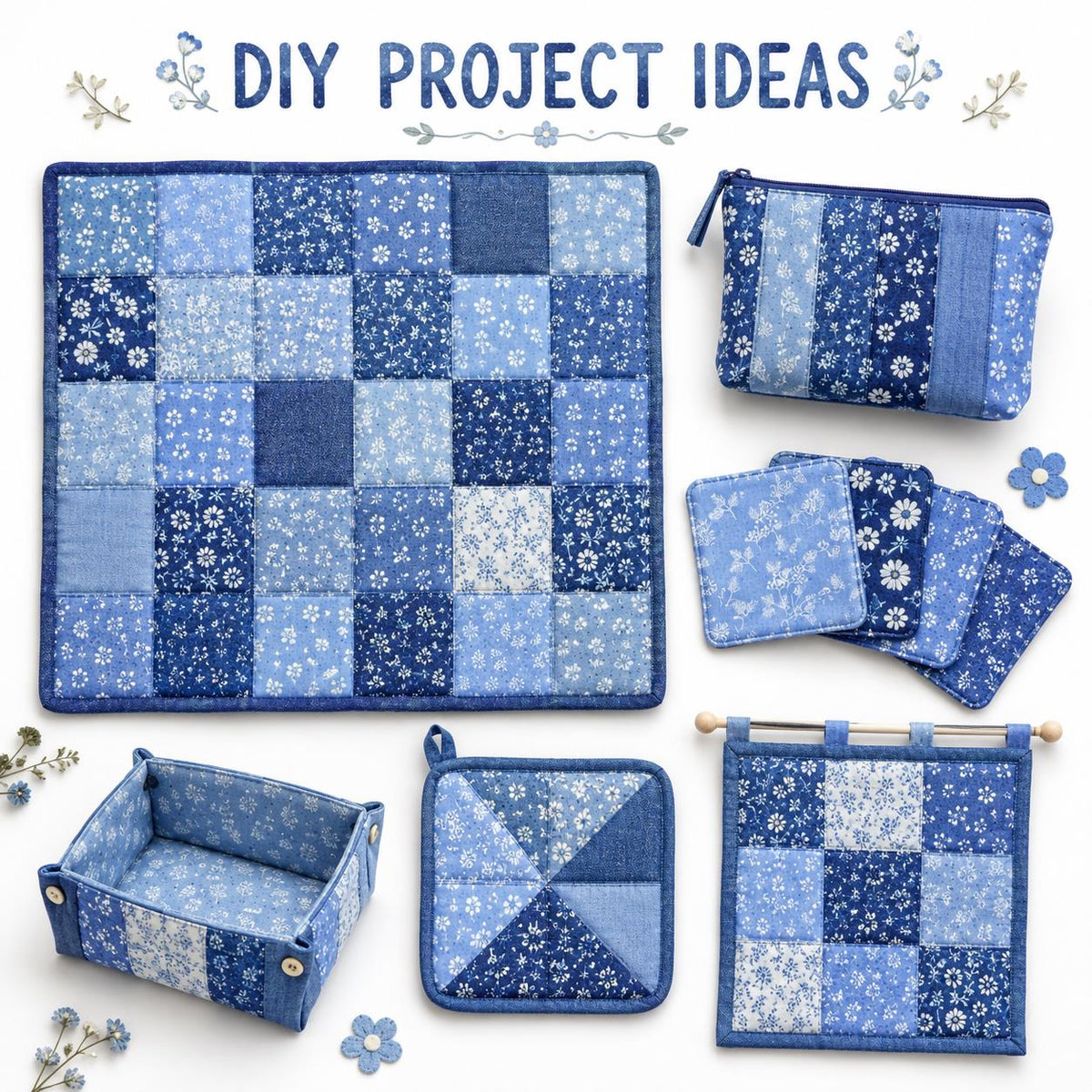 10Pc/Set Flower Denim Series Fat Quarter Fabric, Pre-Cut Square Fabric Assort, Fabric Set, Craft Fabric, Handmade DIY Patchwork Fabric,Home Quilting Sewing Fabric, Packaging Fabric, Scrapbooking Craft Hobbyist