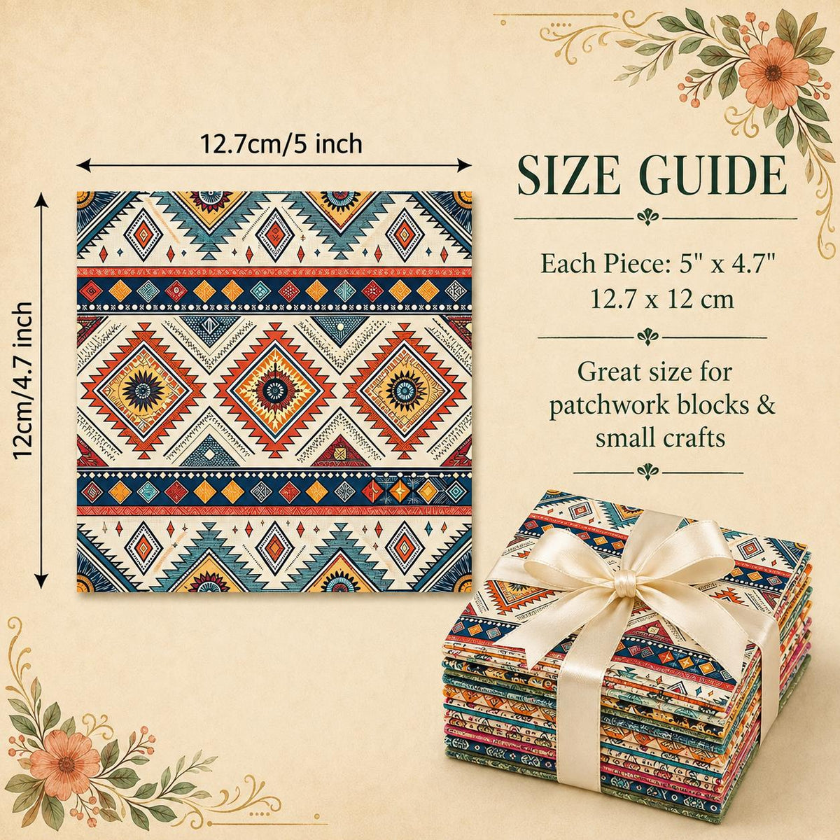 10Pc/Set Flower Stripe Geometric Patterns Ethnic Style Series Fat Quarter Fabric, Pre-Cut Square Fabric Assort, Fabric Set, Craft Fabric, Handmade DIY Patchwork Fabric,Home Quilting Sewing Fabric, Packaging Fabric, Scrapbooking Craft Hobbyist