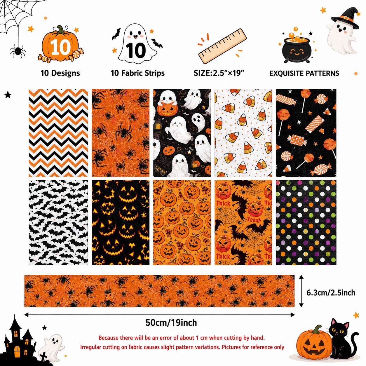 10Pc/Set, Making 10 Images 1pc Each, Each Size: 6.3*50cm Candy Pumpkin Bat Ghost Halloween Series Sliced Fabric Set Style Combination, Polyester Jelly Roll Fabric Strips, Pre-Cut Quilting Squares, For Quilting DIY, Handicrafts And Sewing, Blankets, Rugs