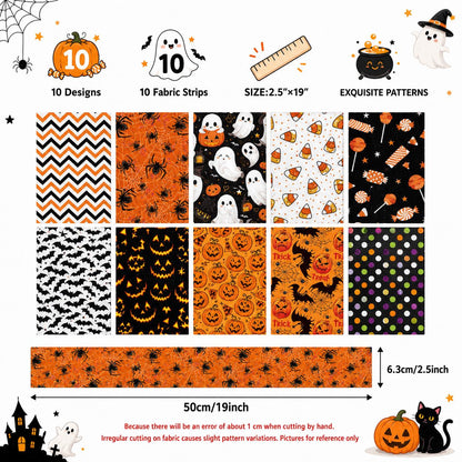 10Pc/Set, Making 10 Images 1pc Each, Each Size: 6.3*50cm Candy Pumpkin Bat Ghost Halloween Series Sliced Fabric Set Style Combination, Polyester Jelly Roll Fabric Strips, Pre-Cut Quilting Squares, For Quilting DIY, Handicrafts And Sewing, Blankets, Rugs
