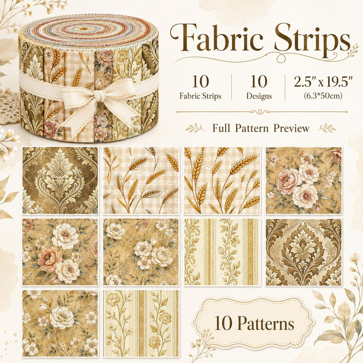 10pcs Vintage Floral Ear Of Wheat Autumn Pattern Jelly Roll Fabric Strips 2.5X19.7inch Pre-Cut 100% Polyester For Patchwork Quilts, Table Runners, Placemats, Tote Bags, Storage Pouches, Makeup Bags, Coasters, Quilt Blocks & Binding
