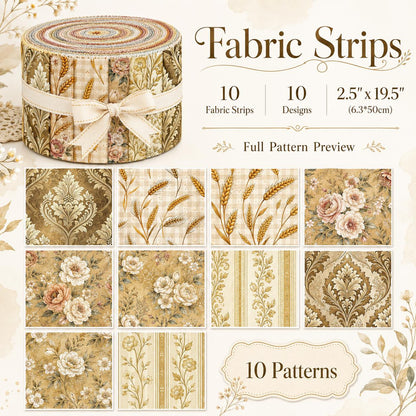 10pcs Vintage Floral Ear Of Wheat Autumn Pattern Jelly Roll Fabric Strips 2.5X19.7inch Pre-Cut 100% Polyester For Patchwork Quilts, Table Runners, Placemats, Tote Bags, Storage Pouches, Makeup Bags, Coasters, Quilt Blocks & Binding