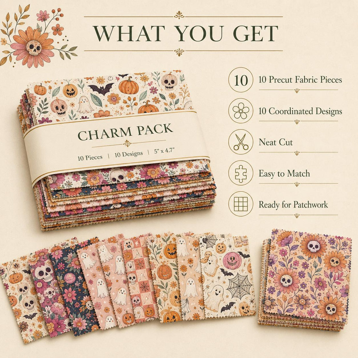 10pcs Charm Pack Set Halloween Pumpkin Ghost Pattern Vintage Style Handmade DIY with Rich Color and Texture Elements 100% Polyester Patchwork in 10 Design Styles Suitable for Patchwork DIY Craft Projects DIY Wallet Making Gift Giving Bag Making Mother's D