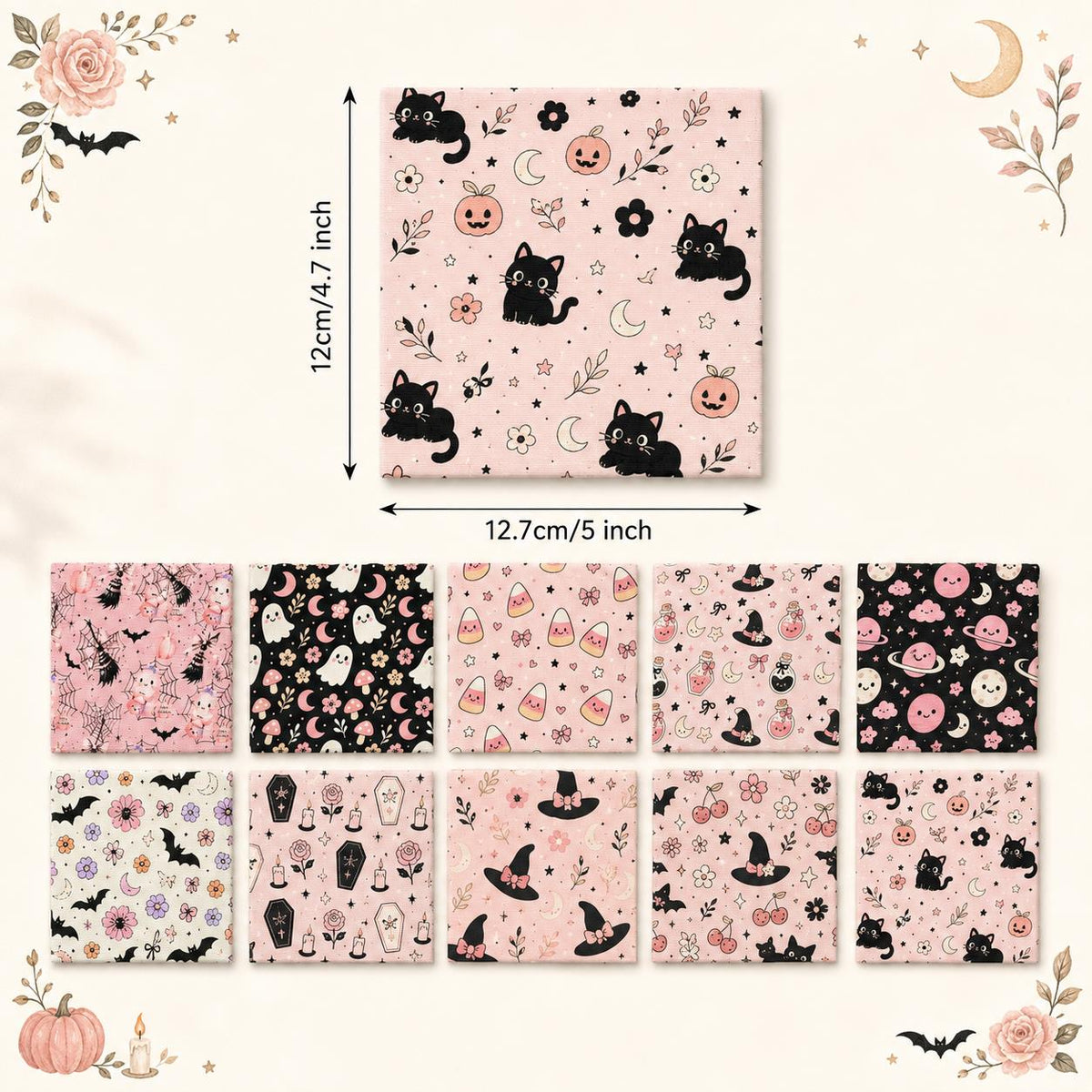 10Pc/Set Halloween Series Flower Bowknot Skull Pumpkin Cat Candy Cherry Mushroom Bat Rose Fat Quarter Fabric, Pre-Cut Square Fabric Assort, Fabric Set, Craft Fabric, Handmade DIY Patchwork Fabric,Home Quilting Sewing Fabric, Packaging Fabric, Scrapbooking