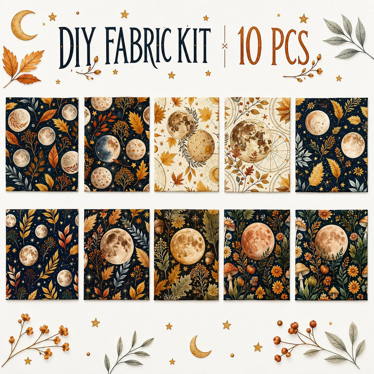 10Pc/Set Flower Leaves Moon Series Daisy Star Mushroom Galaxy Fat Quarter Fabric, Pre-Cut Square Fabric Assort, Fabric Set, Craft Fabric, Handmade DIY Patchwork Fabric,Home Quilting Sewing Fabric, Packaging Fabric, Scrapbooking Craft Hobbyist