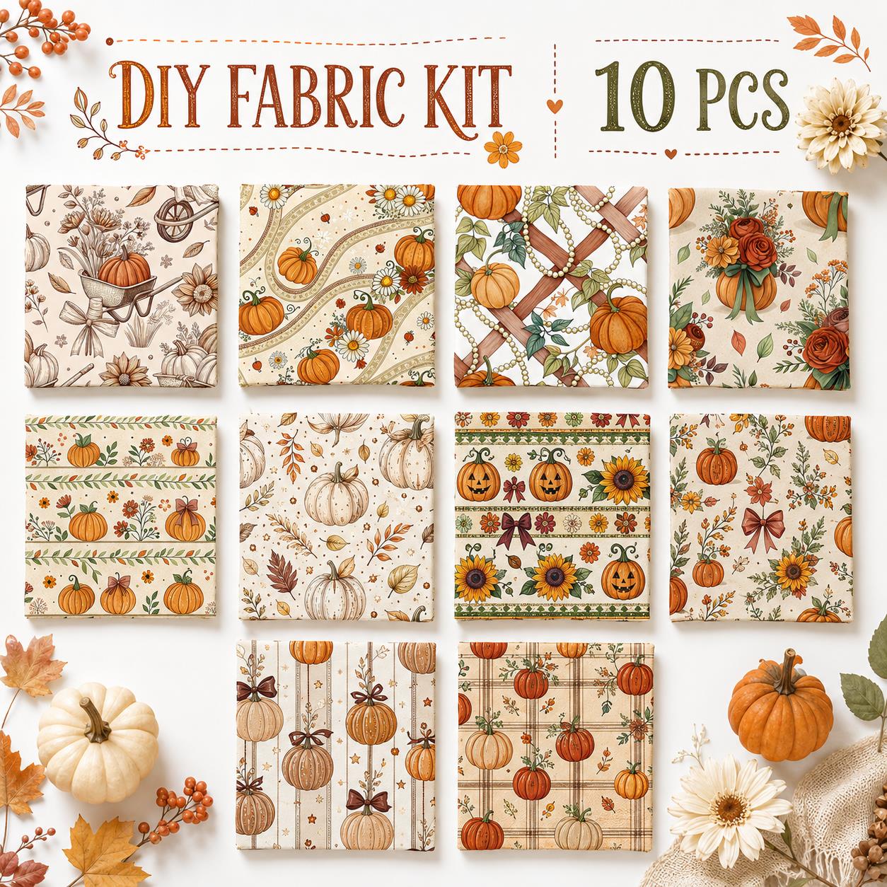 10Pc/Set Autumn Pumpkin Series Plaid Bowknot Flower Fat Quarter Fabric, Pre-Cut Square Fabric Assort, Fabric Set, Craft Fabric, Handmade DIY Patchwork Fabric,Home Quilting Sewing Fabric, Packaging Fabric, Scrapbooking Craft Hobbyist