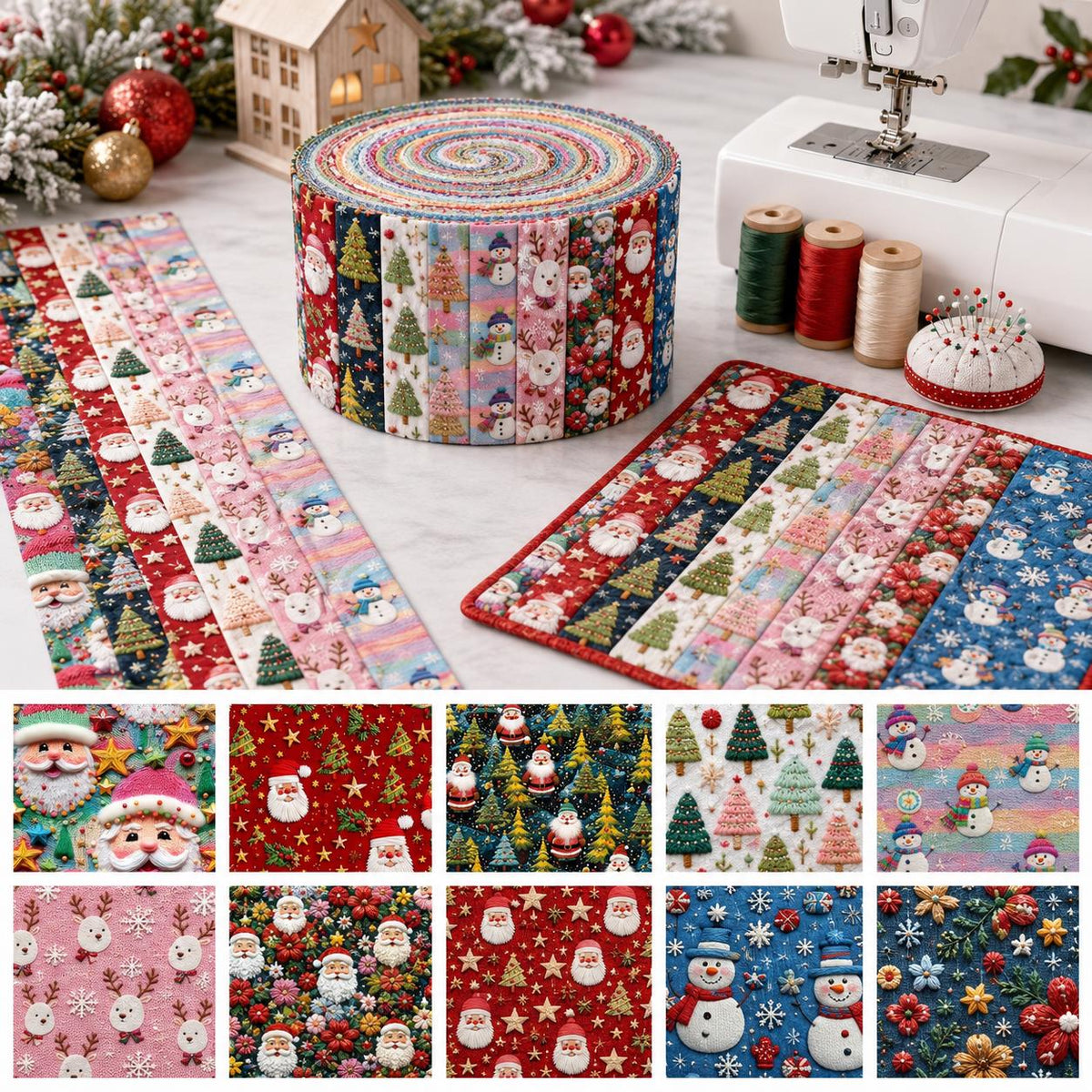 10pcs Vintage 2D Flat Christmas Santa Snowman Jelly Roll Fabric Strips 2.5X19.7inch Pre-cut 100% Polyester for Patchwork Quilts, Table Runners, Placemats, Tote Bags, Storage Pouches, Makeup Bags, Coasters, Quilt Blocks & Binding Multi-color