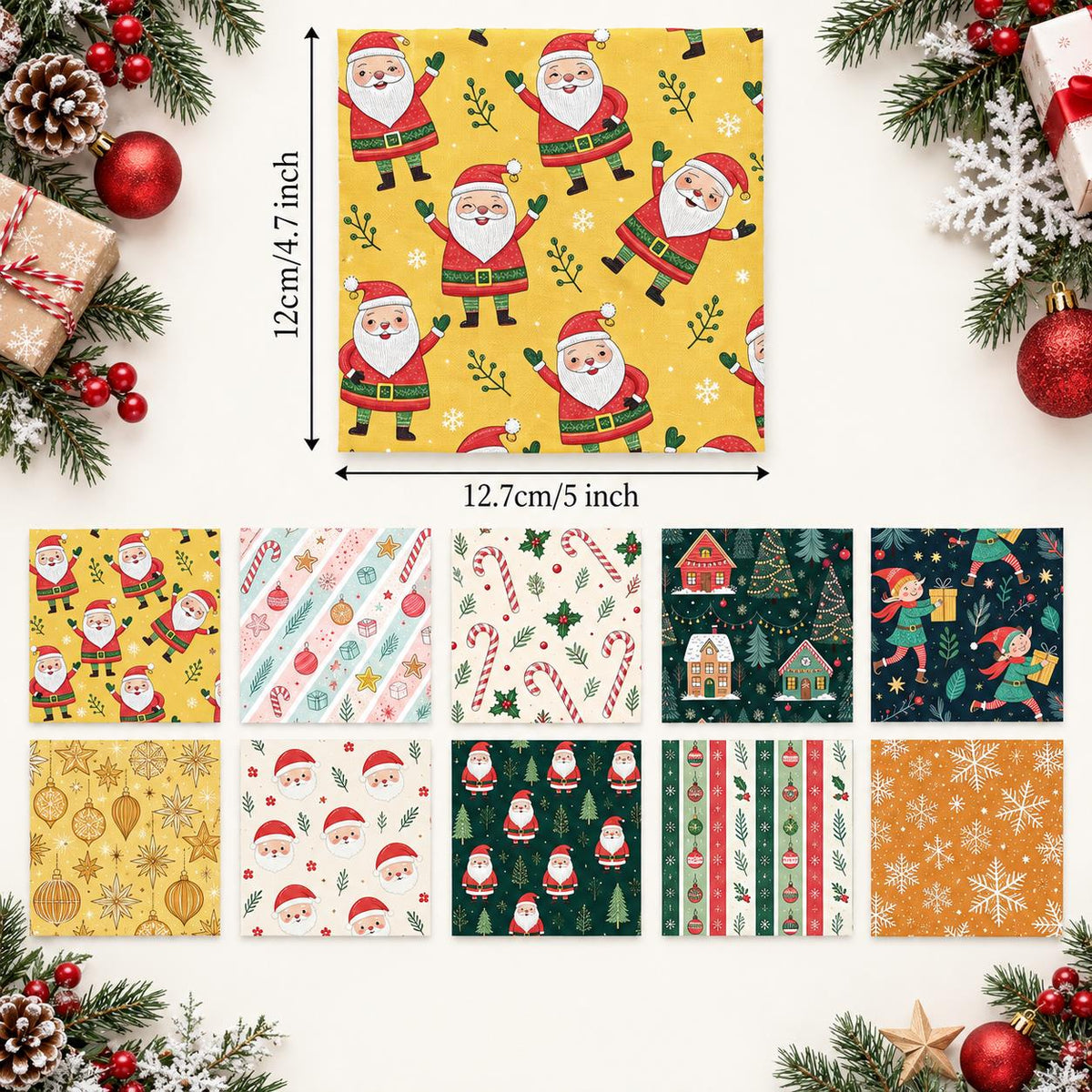 10Pc/Set Christmas Series Santa Claus Star Holly Gift Fat Quarter Fabric, Pre-Cut Square Fabric Assort, Fabric Set, Craft Fabric, Handmade DIY Patchwork Fabric,Home Quilting Sewing Fabric, Packaging Fabric, Scrapbooking Craft Hobbyist