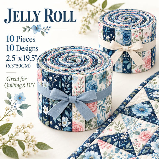 10pcs Vintage Blue Floral Pattern Jelly Roll Fabric Strips 2.5X19.7inch Pre-Cut 100% Polyester For Patchwork Quilts, Table Runners, Placemats, Tote Bags, Storage Pouches, Makeup Bags, Coasters, Quilt Blocks & Binding