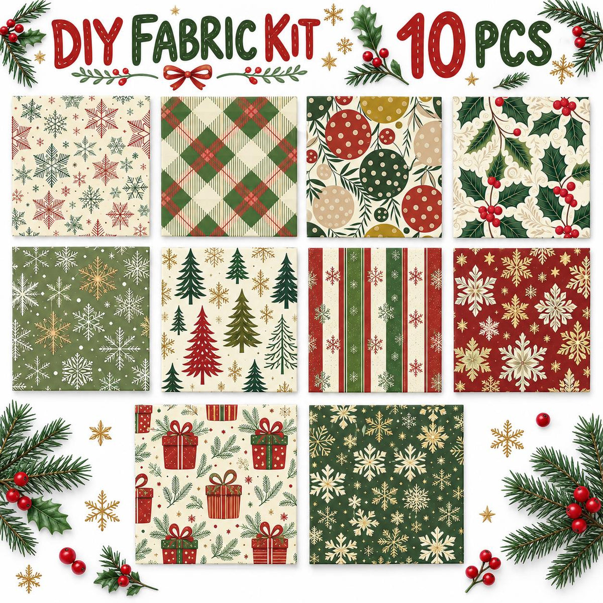 10Pc/Set Christmas Series Stripe Plaid Tree Gift Fat Quarter Fabric, Pre-Cut Square Fabric Assort, Fabric Set, Craft Fabric, Handmade DIY Patchwork Fabric,Home Quilting Sewing Fabric, Packaging Fabric, Scrapbooking Craft Hobbyist