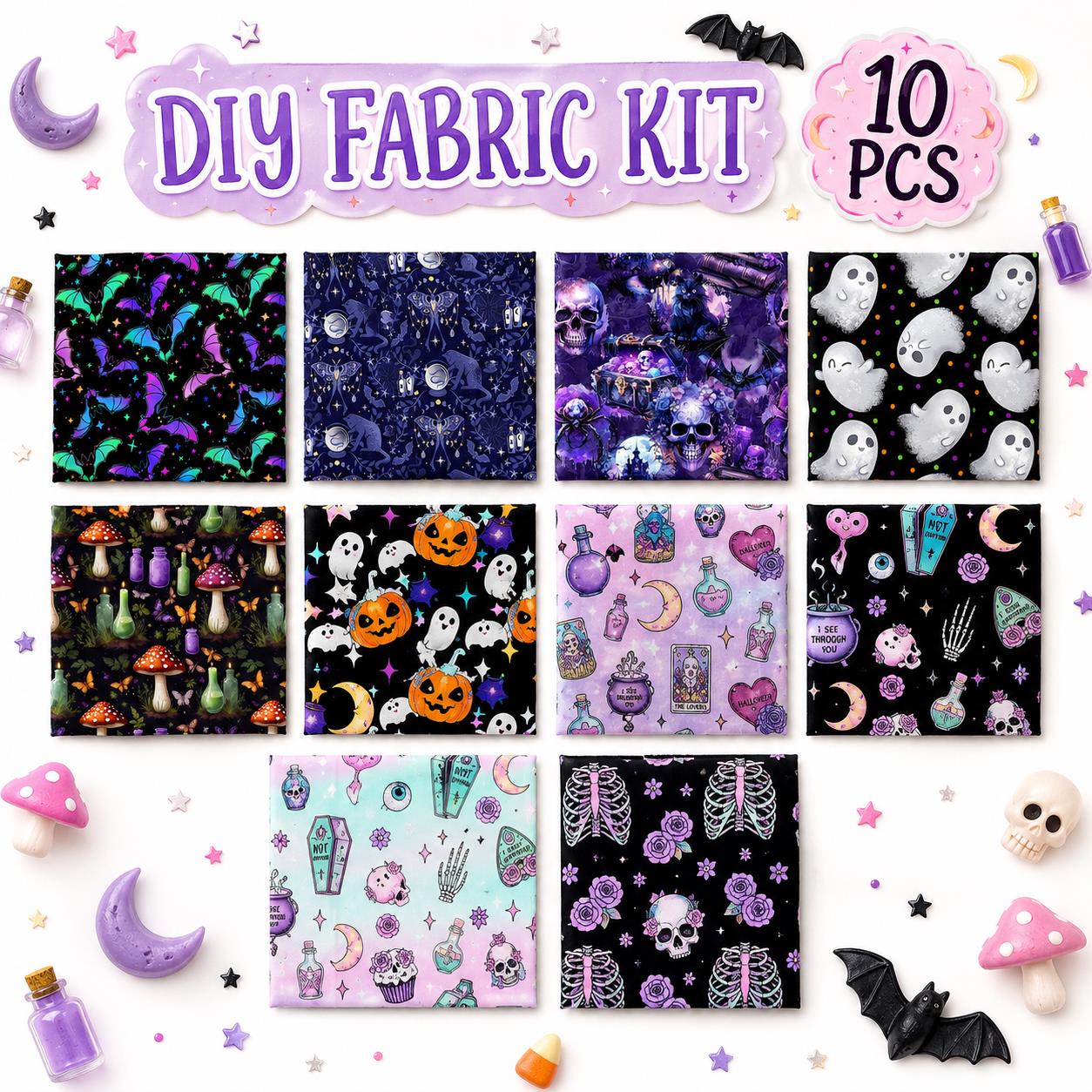 10Pc/Set Halloween Series Butterfly Heart Skull Pumpkin Cat Mushroom Rose Bat Fat Quarter Fabric, Pre-Cut Square Fabric Assort, Fabric Set, Craft Fabric, Handmade DIY Patchwork Fabric,Home Quilting Sewing Fabric, Packaging Fabric, Scrapbooking Craft Hobby