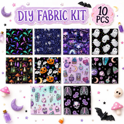 10Pc/Set Halloween Series Butterfly Heart Skull Pumpkin Cat Mushroom Rose Bat Fat Quarter Fabric, Pre-Cut Square Fabric Assort, Fabric Set, Craft Fabric, Handmade DIY Patchwork Fabric,Home Quilting Sewing Fabric, Packaging Fabric, Scrapbooking Craft Hobby