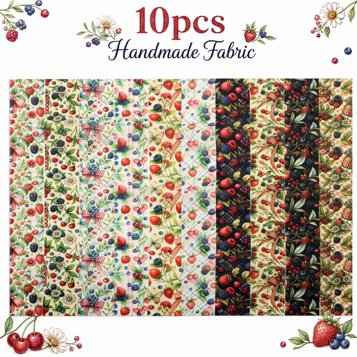 10pcs Vintage Strawberry Blueberry Floral Pattern Jelly Roll Fabric Strips 2.5X19.7inch Pre-Cut 100% Polyester For Patchwork Quilts, Table Runners, Placemats, Tote Bags, Storage Pouches, Makeup Bags, Coasters, Quilt Blocks & Binding