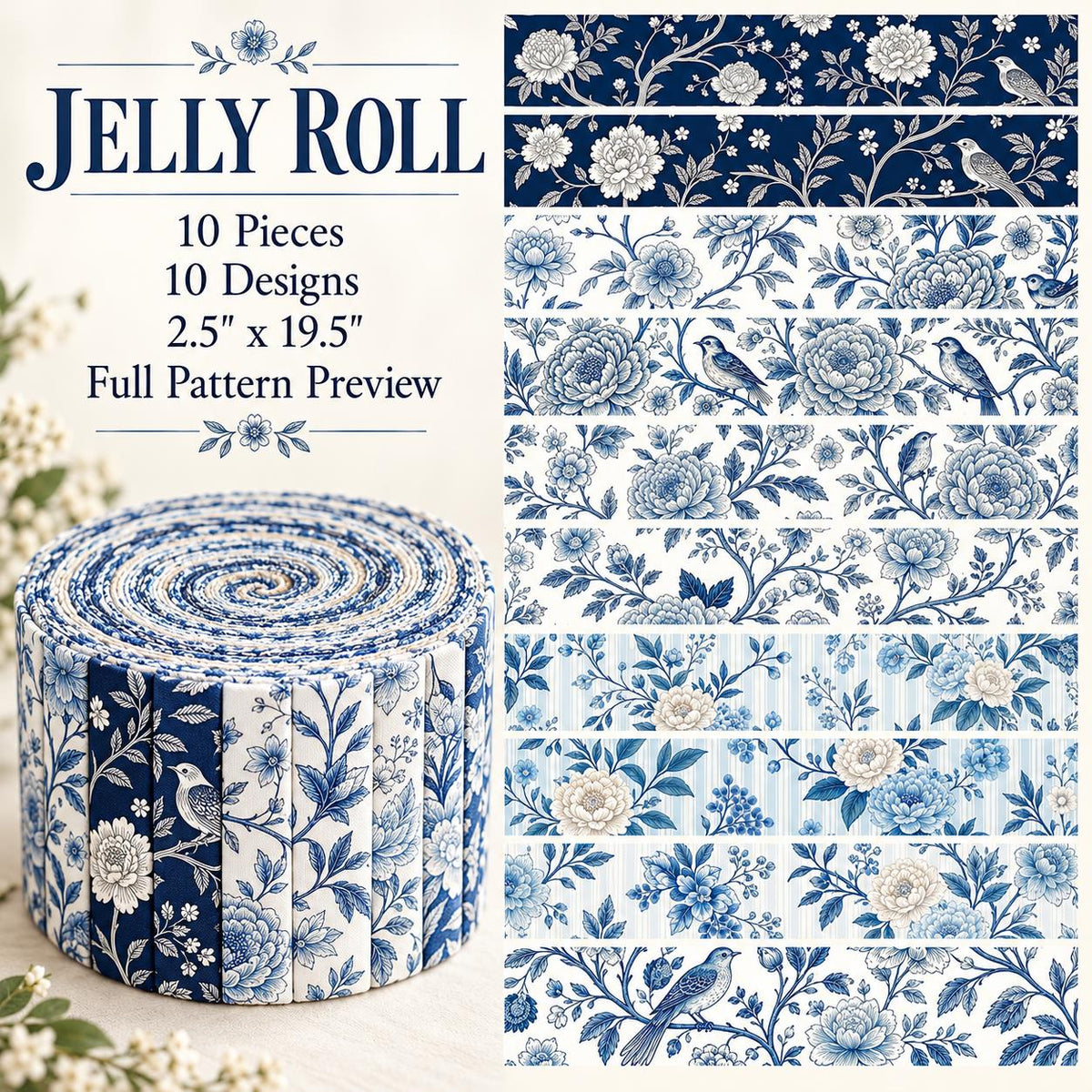 10pcs Vintage Blue Floral Pattern Jelly Roll Fabric Strips 2.5X19.7inch Pre-Cut 100% Polyester For Patchwork Quilts, Table Runners, Placemats, Tote Bags, Storage Pouches, Makeup Bags, Coasters, Quilt Blocks & Binding