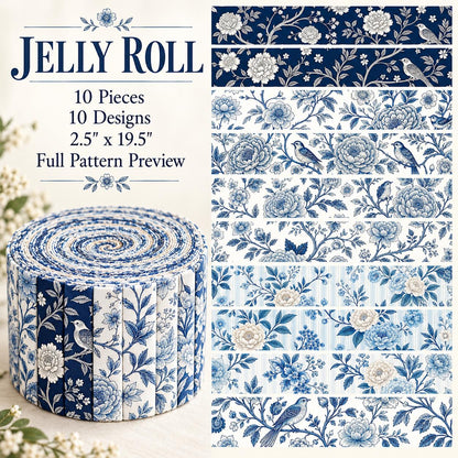 10pcs Vintage Blue Floral Pattern Jelly Roll Fabric Strips 2.5X19.7inch Pre-Cut 100% Polyester For Patchwork Quilts, Table Runners, Placemats, Tote Bags, Storage Pouches, Makeup Bags, Coasters, Quilt Blocks & Binding