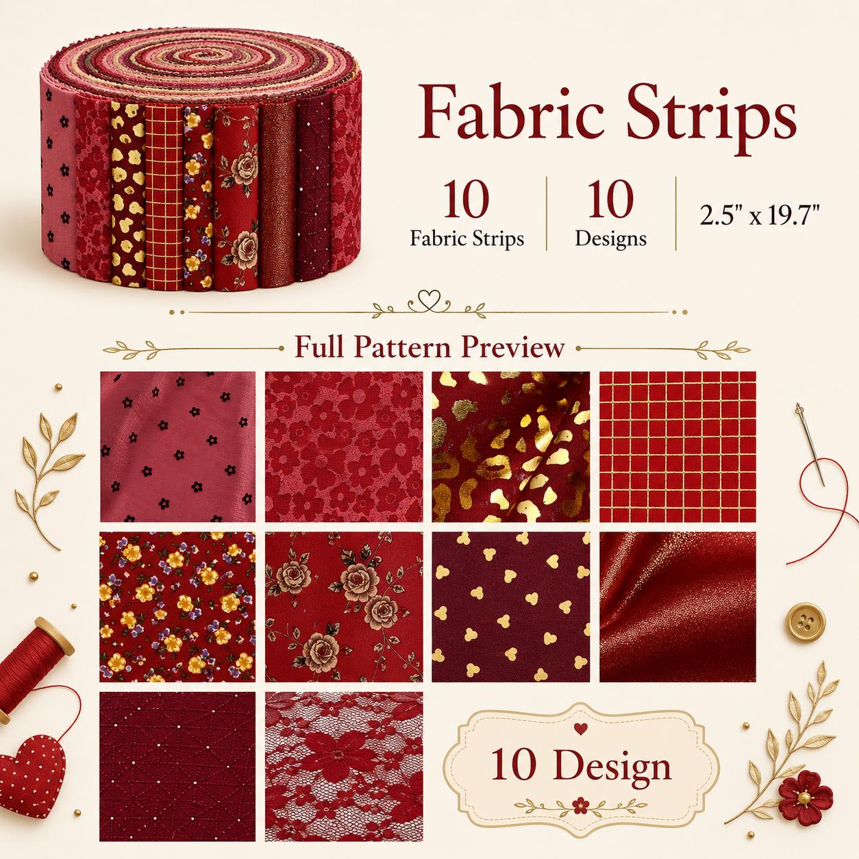 10Pc/Set, Making 10 Images 1pc Each, Each Size: 6.3*50cm Floral Red Series Sliced Fabric Set Style Combination, Polyester Jelly Roll Fabric Strips, Pre-Cut Quilting Squares, For Quilting DIY, Handicrafts And Sewing, Blankets, Rugs, Interior Decoration