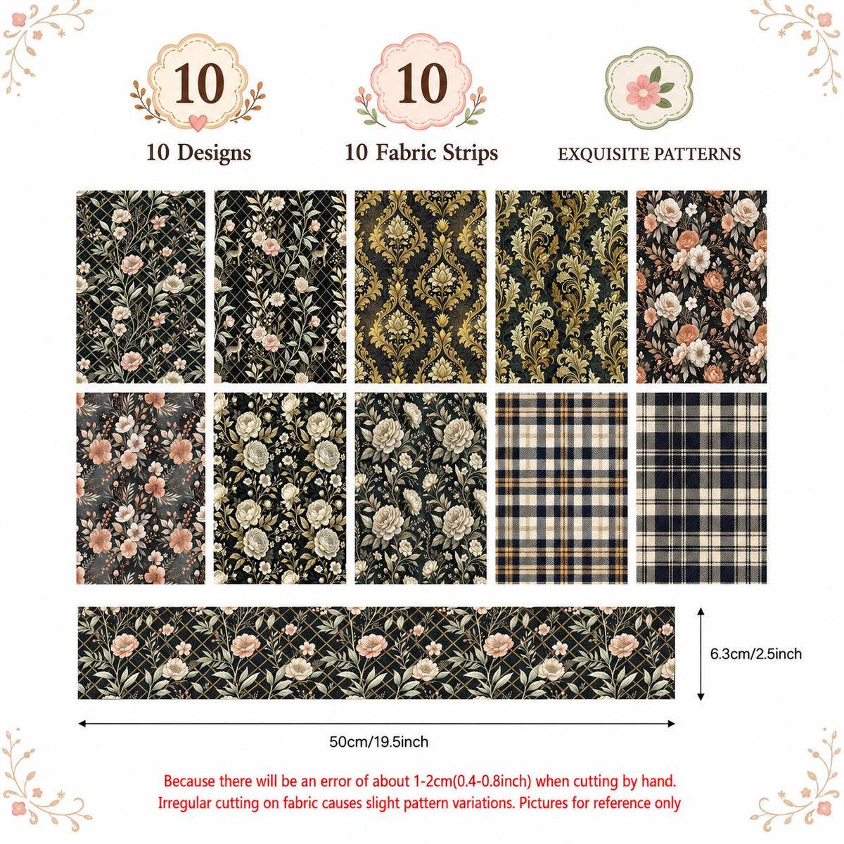 10pcs Vintage Floral Pattern Jelly Roll Fabric Strips 2.5X19.7inch Pre-Cut 100% Polyester For Patchwork Quilts, Table Runners, Placemats, Tote Bags, Storage Pouches, Makeup Bags, Coasters, Quilt Blocks & Binding