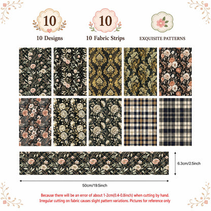 10pcs Vintage Floral Pattern Jelly Roll Fabric Strips 2.5X19.7inch Pre-Cut 100% Polyester For Patchwork Quilts, Table Runners, Placemats, Tote Bags, Storage Pouches, Makeup Bags, Coasters, Quilt Blocks & Binding