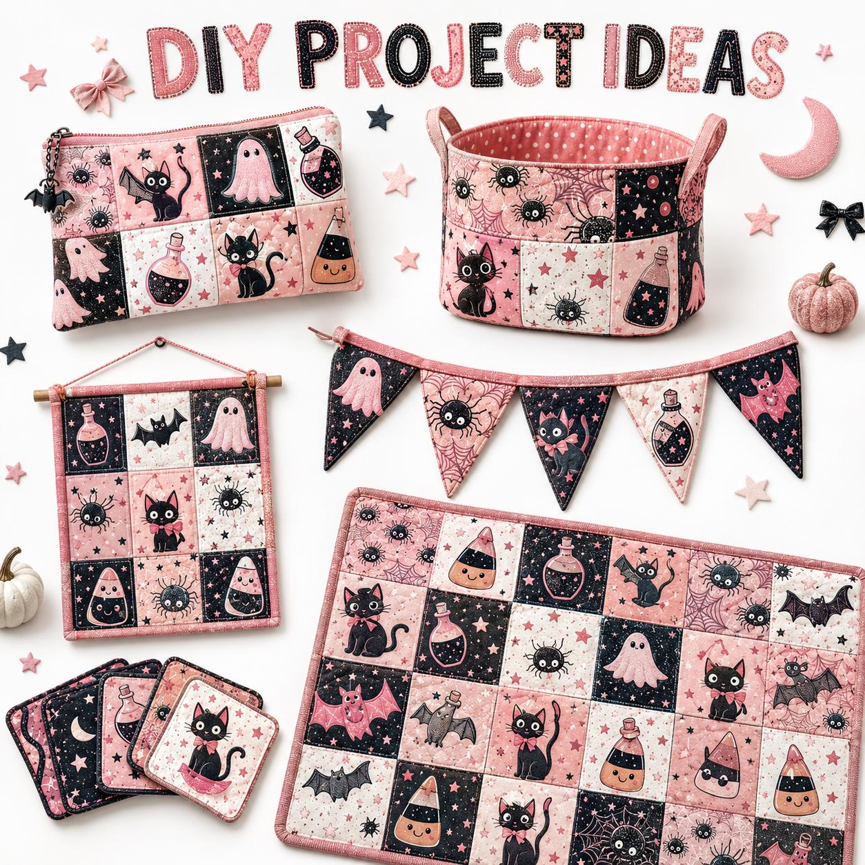 10pcs Charm Pack Set  Bat Ghost Cat Pumpkin Halloween Vintage Style Pattern Handmade DIY with Rich Color and Texture Elements 100% Polyester Patchwork in 10 Design Styles Suitable for Patchwork DIY Craft Projects DIY Wallet Making Gift Giving Bag Making