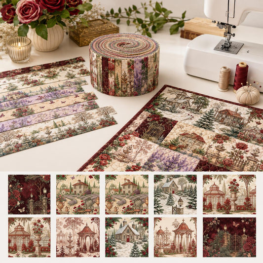 10pcs Vintage House Pavilion Theme Jelly Roll Fabric Strips 2.5X19.7inch Pre-Cut 100% Polyester For Patchwork Quilts, Table Runners, Placemats, Tote Bags, Storage Pouches, Makeup Bags, Coasters, Quilt Blocks & Binding