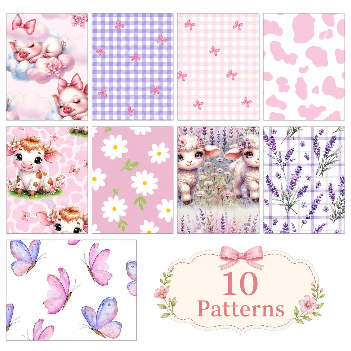 10pcs Vintage Lavender Cow Butterfly Pattern Jelly Roll Fabric Strips 2.5X19.7inch Pre-Cut 100% Polyester For Patchwork Quilts, Table Runners, Placemats, Tote Bags, Storage Pouches, Makeup Bags, Coasters, Quilt Blocks & Binding Multi-Color