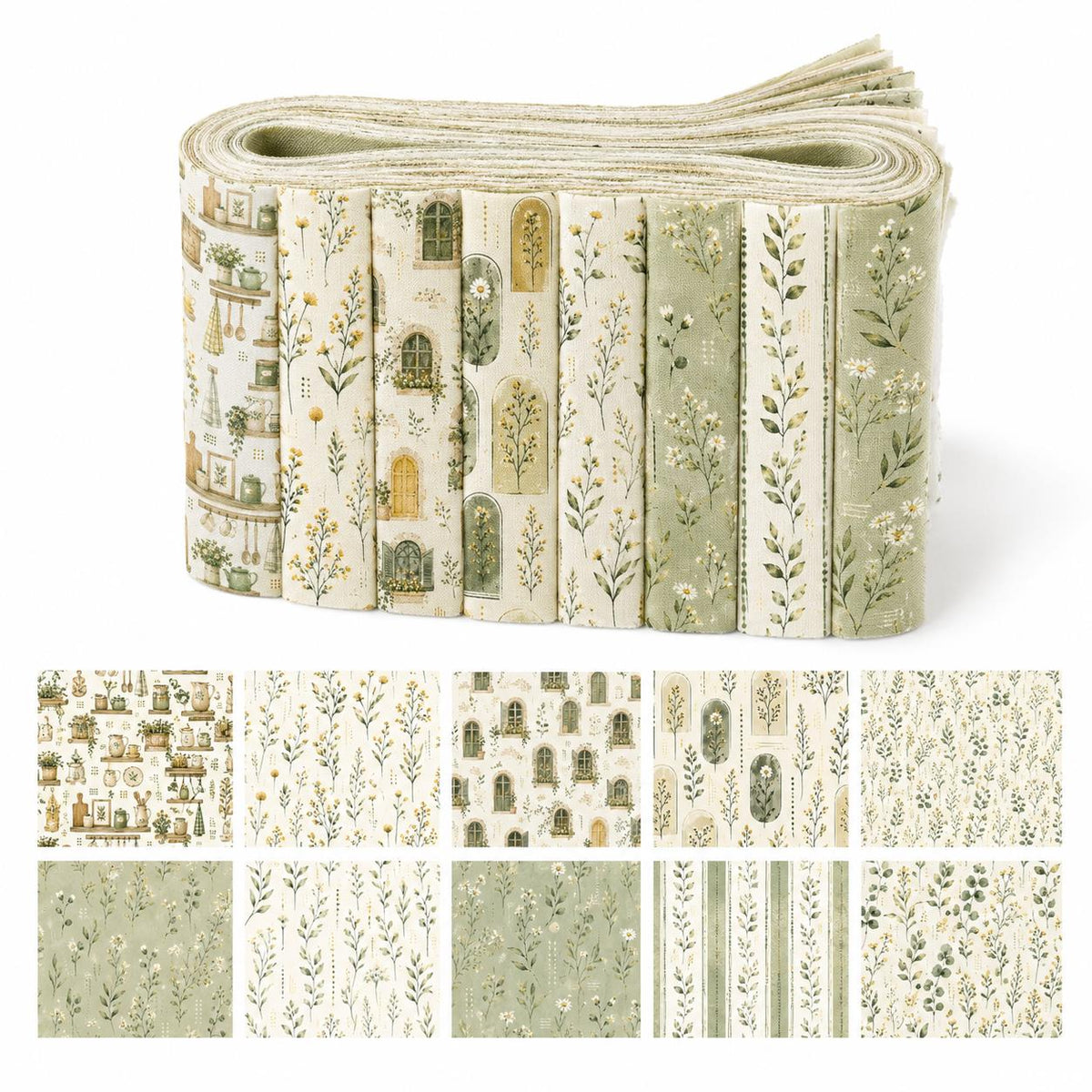 10pcs Vintage Floral Plant Pattern Jelly Roll Fabric Strips 2.5X19.7inch Pre-Cut 100% Polyester For Patchwork Quilts, Table Runners, Placemats, Tote Bags, Storage Pouches, Makeup Bags, Coasters, Quilt Blocks & Binding