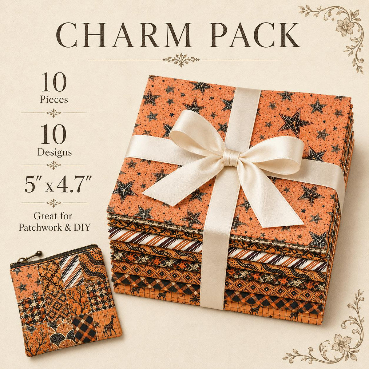 10Pc/Set Orange Autumn Series Flower Star Deer Plaid Fat Quarter Fabric, Pre-Cut Square Fabric Assort, Fabric Set, Craft Fabric, Handmade DIY Patchwork Fabric,Home Quilting Sewing Fabric, Packaging Fabric, Scrapbooking Craft Hobbyist