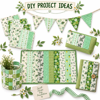 10pcs Vintage Green Flower Jelly Roll Fabric Strips 2.5X19.7inch Pre-cut 100% Polyester for Patchwork Quilts, Table Runners, Placemats, Tote Bags, Storage Pouches, Makeup Bags, Coasters, Quilt Blocks & Binding