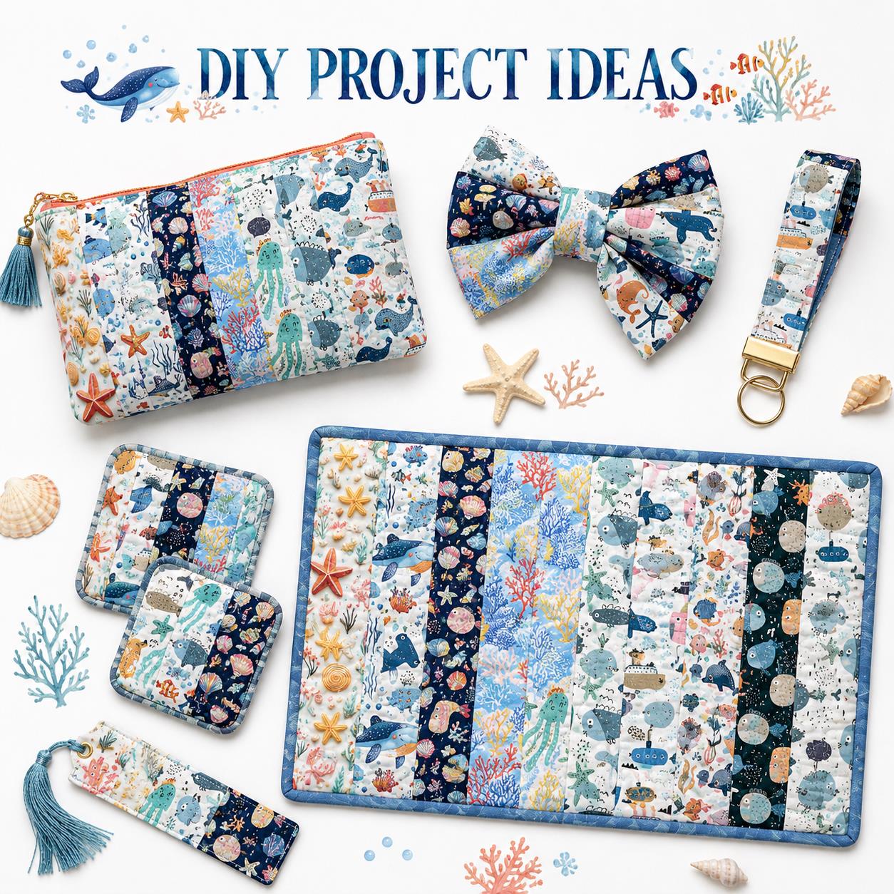 10Pc/Set, Making 10 Images 1pc Each, Each Size: 6.3*50cm Coral Dolphin Jellyfish Ocean Series Sliced Fabric Set Style Combination, Polyester Jelly Roll Fabric Strips, Pre-Cut Quilting Squares, For Quilting DIY, Handicrafts And Sewing, Blankets, Rugs