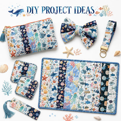 10Pc/Set, Making 10 Images 1pc Each, Each Size: 6.3*50cm Coral Dolphin Jellyfish Ocean Series Sliced Fabric Set Style Combination, Polyester Jelly Roll Fabric Strips, Pre-Cut Quilting Squares, For Quilting DIY, Handicrafts And Sewing, Blankets, Rugs
