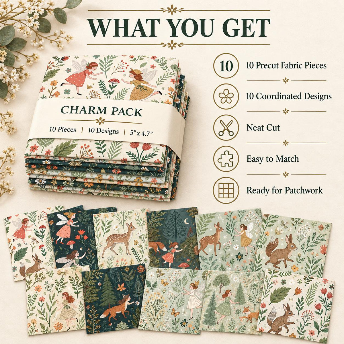 10Pc/Set Flower Series Deer Tree Fox Mushroom Fat Quarter Fabric, Pre-Cut Square Fabric Assort, Fabric Set, Craft Fabric, Handmade DIY Patchwork Fabric,Home Quilting Sewing Fabric, Packaging Fabric, Scrapbooking Craft Hobbyist